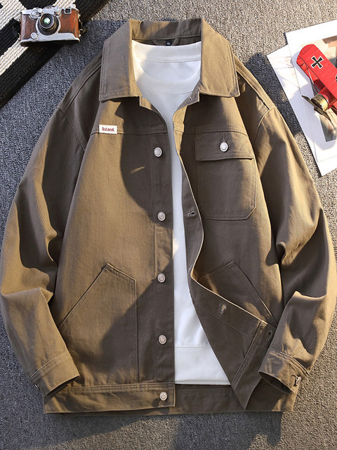High-end workwear denim jacket for men in spring and autumn new versatile loose large size Ami khaki retro jacket trendy