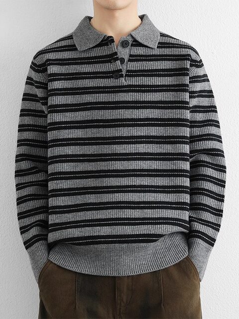 High-end retro sweater men's POLO collar striped contrast pullover jacket men's autumn and winter heavy bottoming sweater