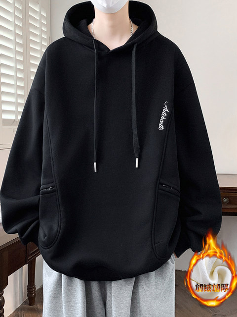 Fleece-Lined Thickened Sweatshirt for Men, Hooded, Autumn and Winter Design, Trendy Brand, Gray, Sporty Style, Warm Top for Teenagers