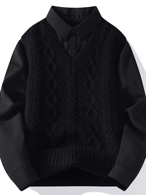 Shirt collar splicing fake two-piece sweater for men, autumn and winter inner layering shirt, Japanese retro loose shirt, can be worn outside