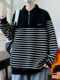 Fleece-Lined and Thickened Men's Striped Sweatshirt with a Turn-Down Collar, 2024 Autumn and Winter New Style, Half-Zip, Patchwork, Suitable for Layering or Wearing Alone