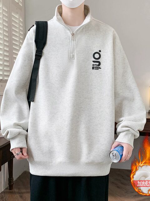 High-End Sweatshirt for Men with Half-Zip Stand Collar, Autumn and Winter Fleece-Lined Thick Trendy Top, Loose Fit Youth Jacket for Men