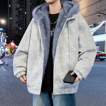 Deerskin Velvet Fur Collar Hooded Jacket Men's Winter Fleece-Lined Thickened Loose Jacket Youth Cold-Proof Warm Jacket