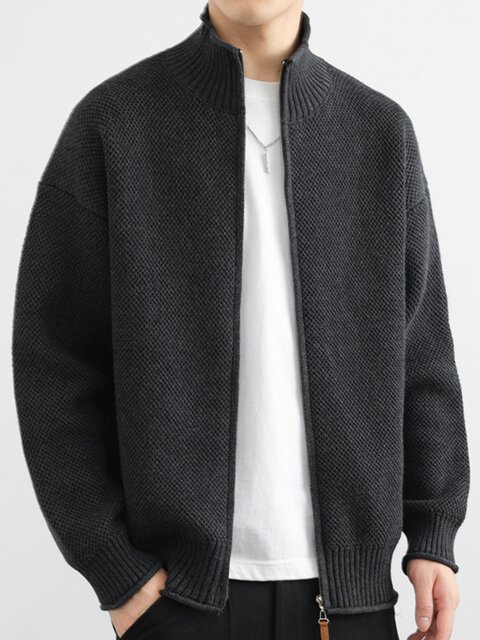 American-Style Trendy Brand Stand-Up Collar Cardigan Jacket for Men, Spring and Autumn, High-End, Heavyweight, Loose, Stylish, Fleece-Lined Knit Jacket for Men