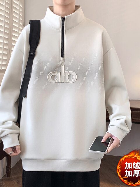 Gradient Fleece Sweatshirt for Men, Autumn and Winter Style, American-Style Loose Fit, Half-High Collar, Zip-Up Top, Thickened Warm Jacket for Teenagers