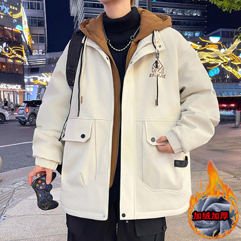 Fake Two-Piece Jacket for Men, Autumn and Winter Trendy Brand, Stylish Workwear Jacket for Men, Youth Style, Fleece-Lined, Thickened, Warm Cotton Coat
