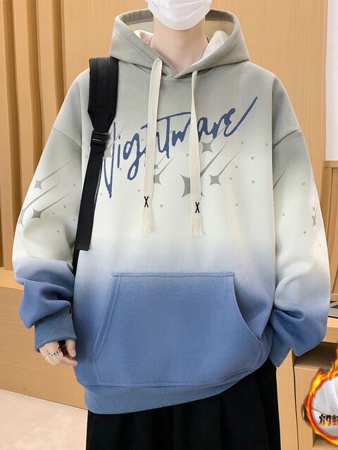 Gradient Color Hooded Sweatshirt for Men 2025 New Autumn and Winter Youth Casual Fleece-Lined Thickened Inner Layer Jacket Top