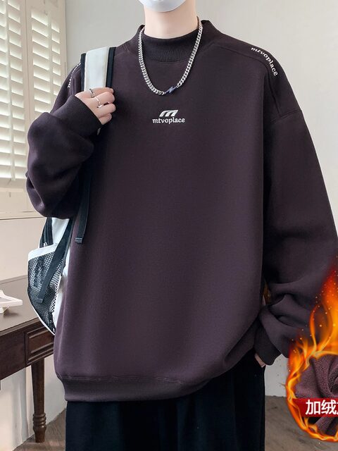 American casual deconstructed half turtleneck sweatshirt for men in autumn and winter, velvet thickened top with bottoming shirt, trendy brand long sleeves