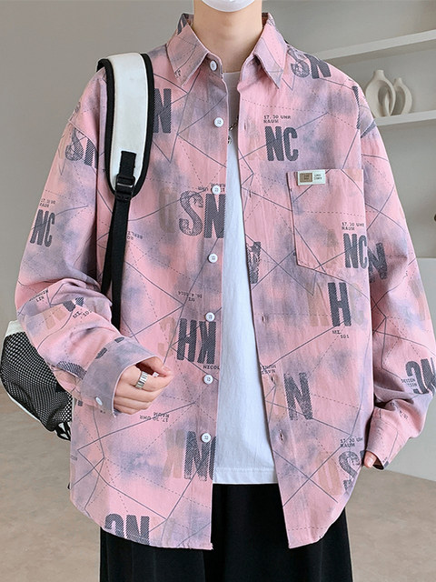 Pure Cotton Pink Long-Sleeved Shirt for Men, Spring and Autumn Loose Trendy Brand, Cool High School Student Work Shirt Jacket for Men