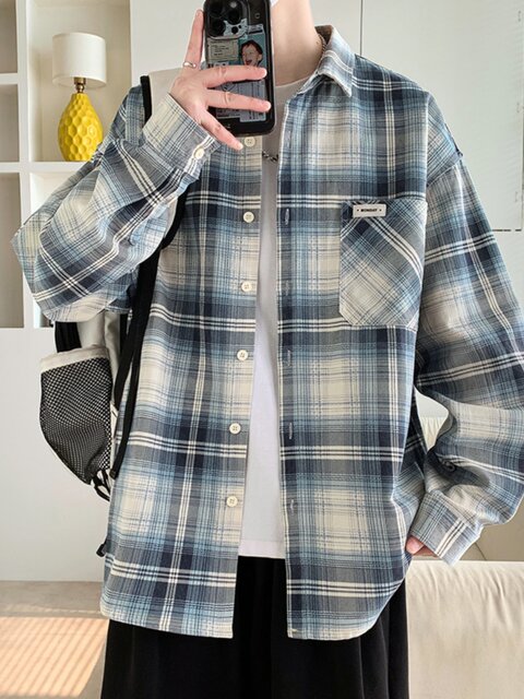 High-end spring and autumn plaid jacket for men, teenagers and high school students jacket tops, men's casual long-sleeved shirts
