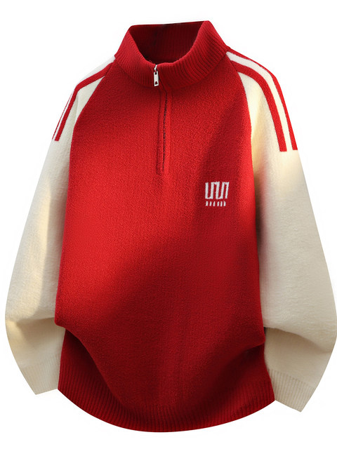Big red half turtleneck sweater men's winter zodiac year of the horse one-piece velvet thickened stand-up collar student bottoming sweater