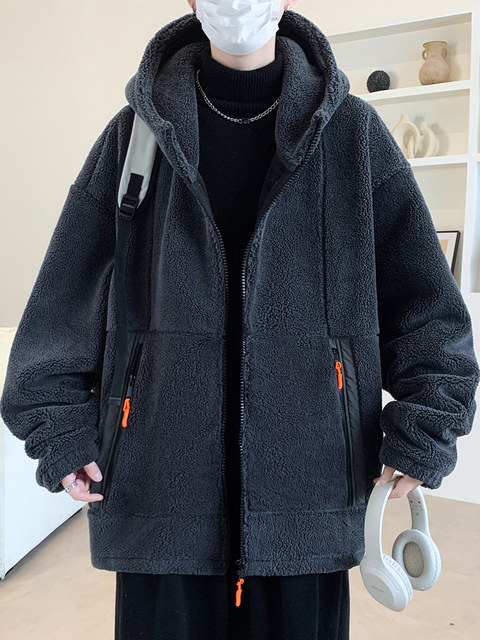 Lamb fleece jacket men's autumn and winter velvet thickened jacket cotton jacket men's hooded trendy brand warm and cold-proof clothes