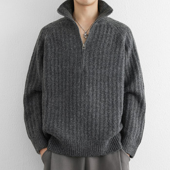 Wool Sweater, Japanese Style, Simple Half-Zip Turtleneck Sweater for Men, Winter Warm, Versatile, Casual, Thick Knit, Can Be Worn Outside