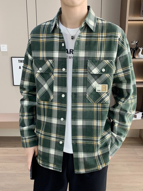 High-end spring and autumn men's shirts, jackets, workwear, washed cotton texture, student plaid tops, base shirts