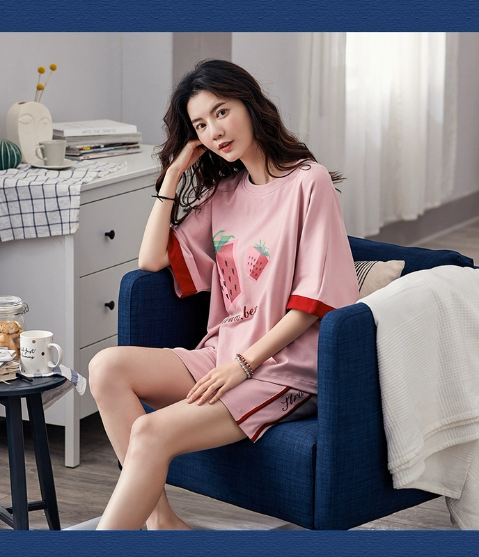 Aesoll tân binh pijama nữ bộ đồ mùa hè ngắn tay hai mảnh vải cotton mùa hè Hàn Quốc có thể mặc bên ngoài dịch vụ tại nhà - Giống cái