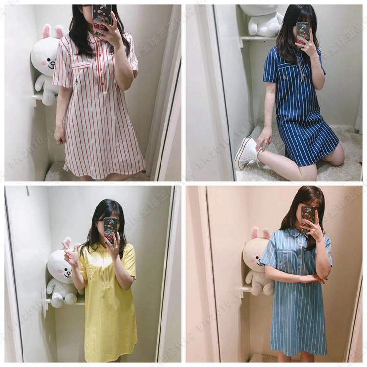 In-Stock Korean Bts (Bts) Bt21 Slim-Fit Short-Sleeve Long Shirt Dress Nightgown Loungewear
