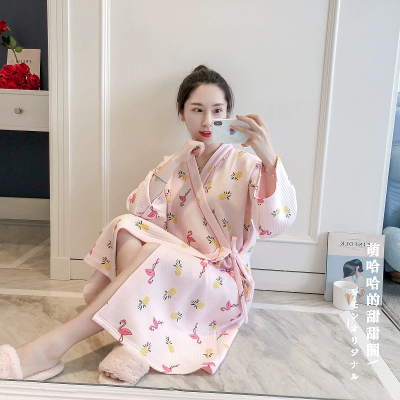 Mùa thu và mùa đông mới chần bông và áo gió kimono pyjama in dứa flamingo cô gái ngọt ngào phục vụ đêm đầm ngủ dễ thương hàn quốc