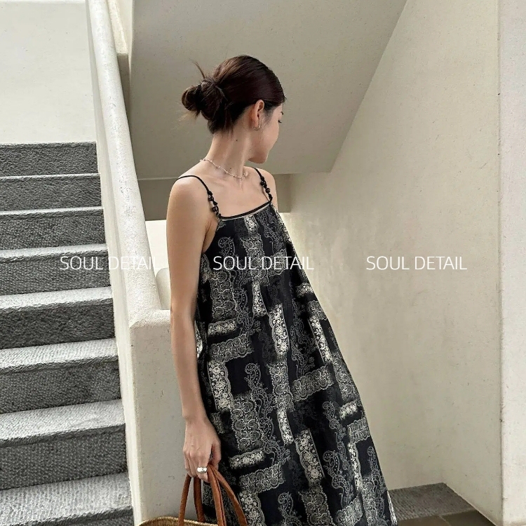 【Soul】Summer New Retro Ethnic Style Beaded Strap Loose Slimming Dress for Women 8360