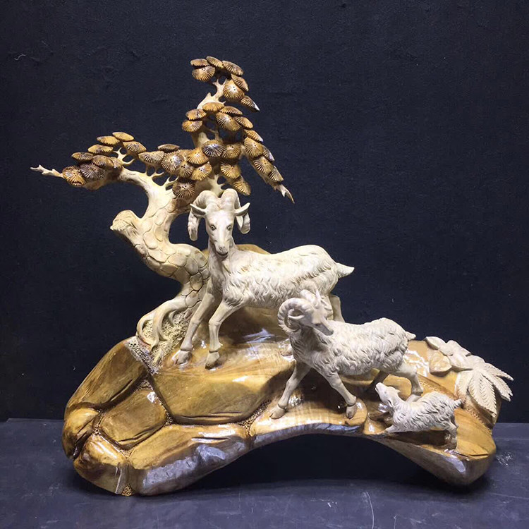 Wood Yu Root Carving Factory Golden Silk Nanmu Wood Three Sheep Kaitai Living-room Home Handicraft Swing Accessories direct sale