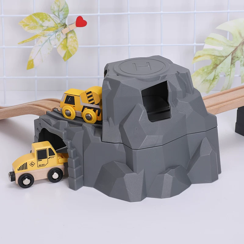 Wooden train, constructor with accessories railed, realistic double-layer tunnel, toy