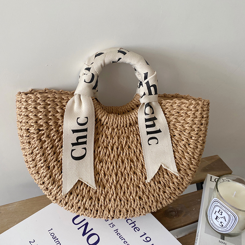 Letter Scarf Handbag, Versatile Half-Round Straw Bag, Woven Bag, Versatile Women's Bag, Seaside Vacation Style Beach Bag