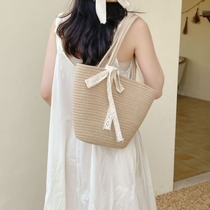 Sac de paille tissé de grande capacité pour femmes sac à bandoulière avec nœud panier de légumes de vacances sac de plage grand sac portable