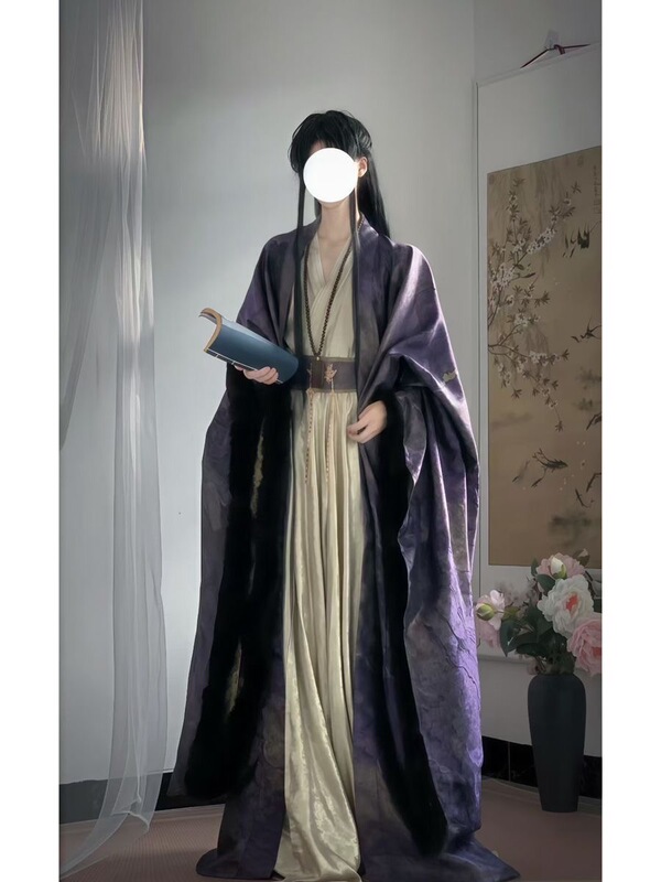 【Beichen】Versatile Cosplay Violet Hanfu Ancient Style Cross-Collar Noble Wide-Sleeve Shirt with Gold Gradient for Men