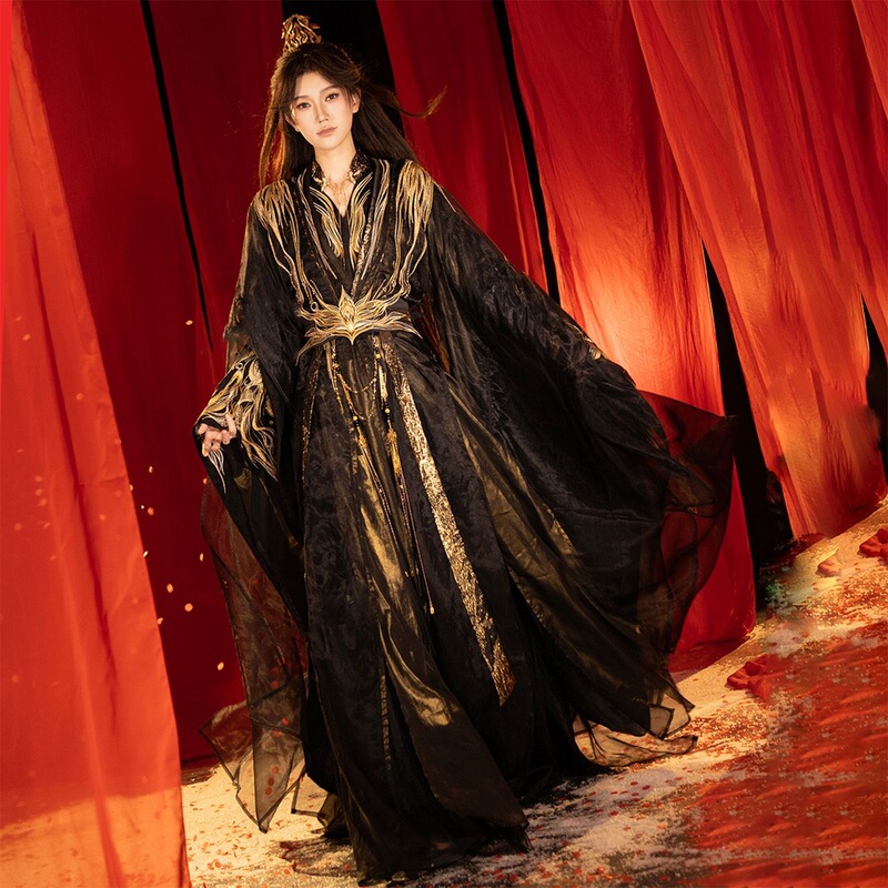 【Cangming】Black and Gold Hanfu with Small Stand Collar, Heavy Embroidery, Double-Layered, Fairy-Style, Large-Sleeved Long Robe for Men, Martial Arts Ancient Style