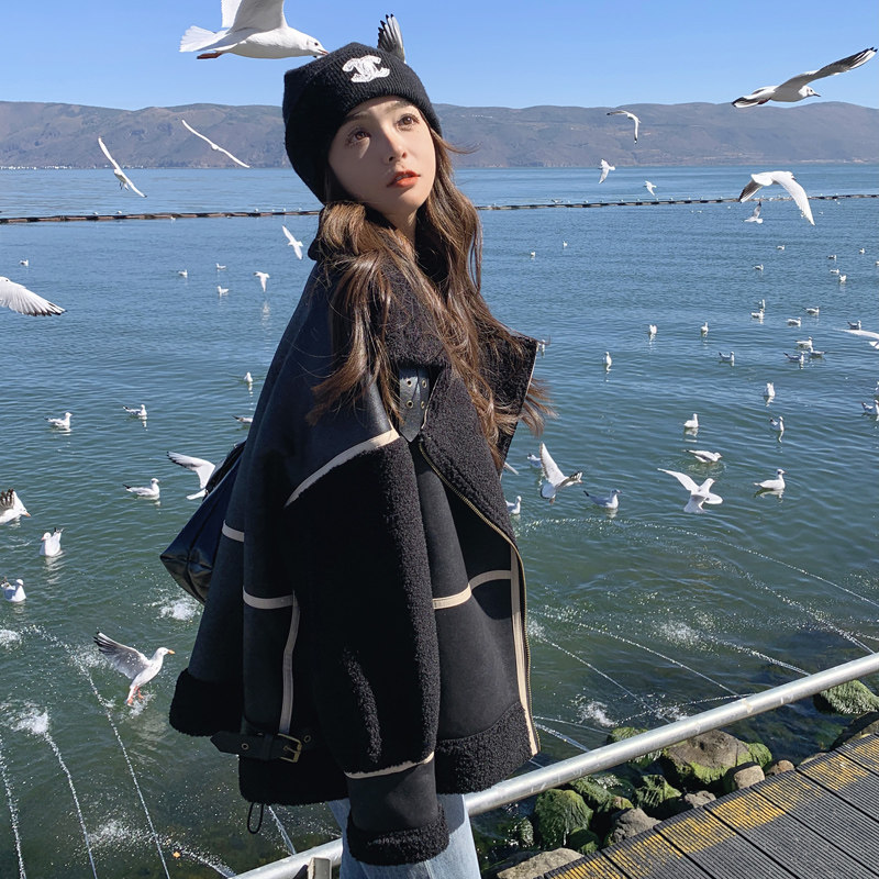 Fur integrated suede suede locomotive clothes high-grade sense thickened small fragrant wind bursting with lamb wool coat female 2023 Winter-Taobao