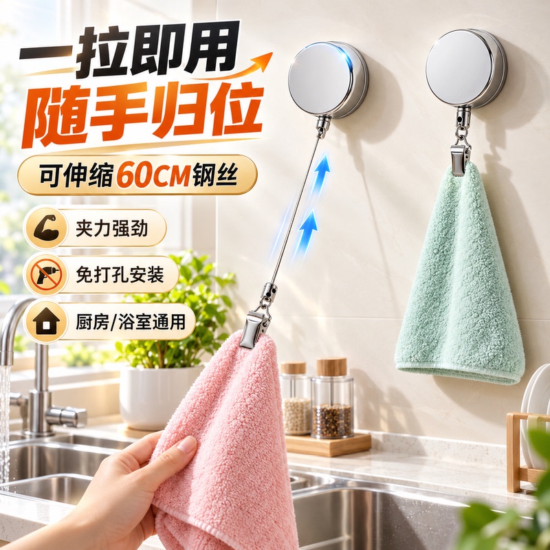 Multifunctional Towel Clip with Retractable Hook, Automatic Rebound, Bathroom Towel Holder, Towel Storage Gadget