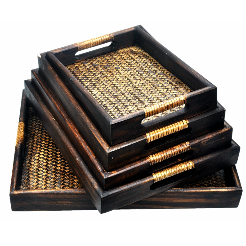 Thai handmade bamboo woven base solid wood Trays Dry Tea Props Retro Southeast Asian Home Household Goods Long Dinner Plate