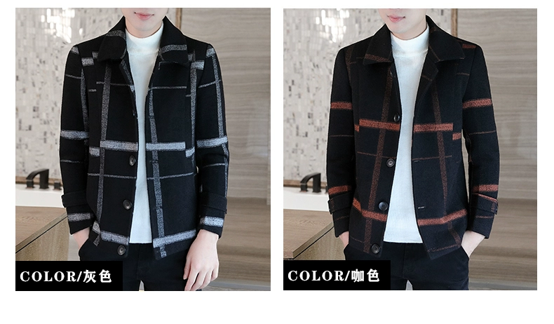 Áo khoác len mùa đông nam ngắn dày cộng với áo khoác nhung nam Hàn Quốc đẹp trai kẻ sọc trench coat xu hướng - Áo len