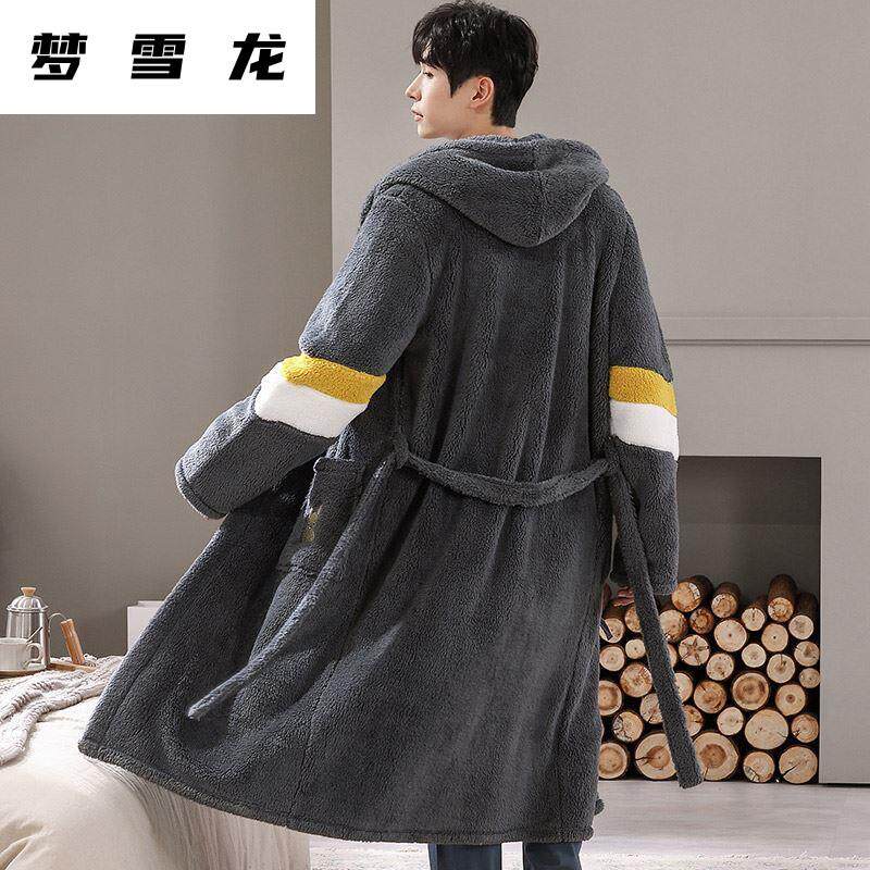 Men's sleepwear long style pyjamas winter coral suede bathrobe, autumn winter plus suede thickened flannel with cap plus 1224b-Taobao