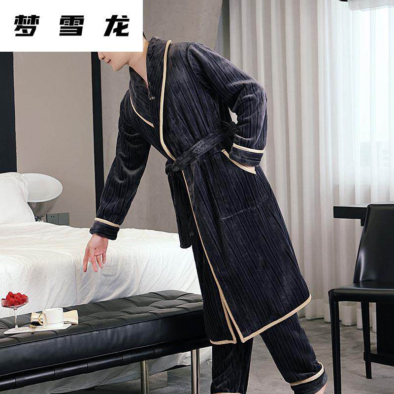 Men sleeping robes Long style pyjamas autumn winter flange suede Two sets Coral Suede Thickened Suit Plus Suede Bath 1224b-Taobao