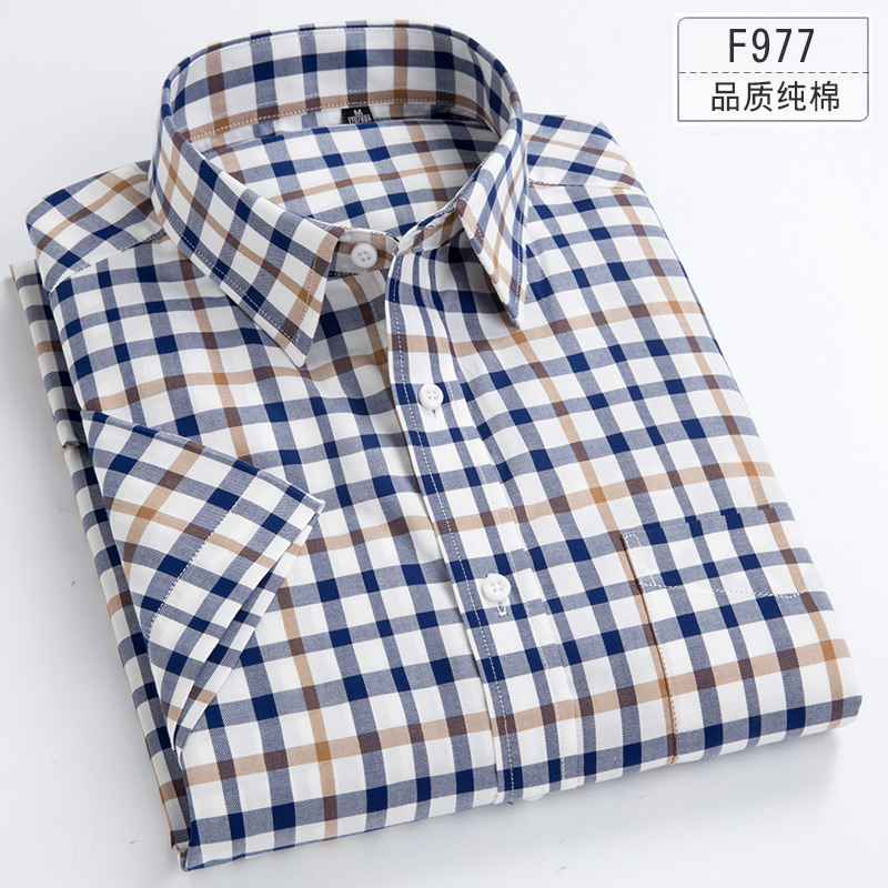 F977Paul 2021 summer new pattern pure cotton lattice man Short sleeve shirt Korean version Self cultivation Cotton leisure time Half sleeve shirt