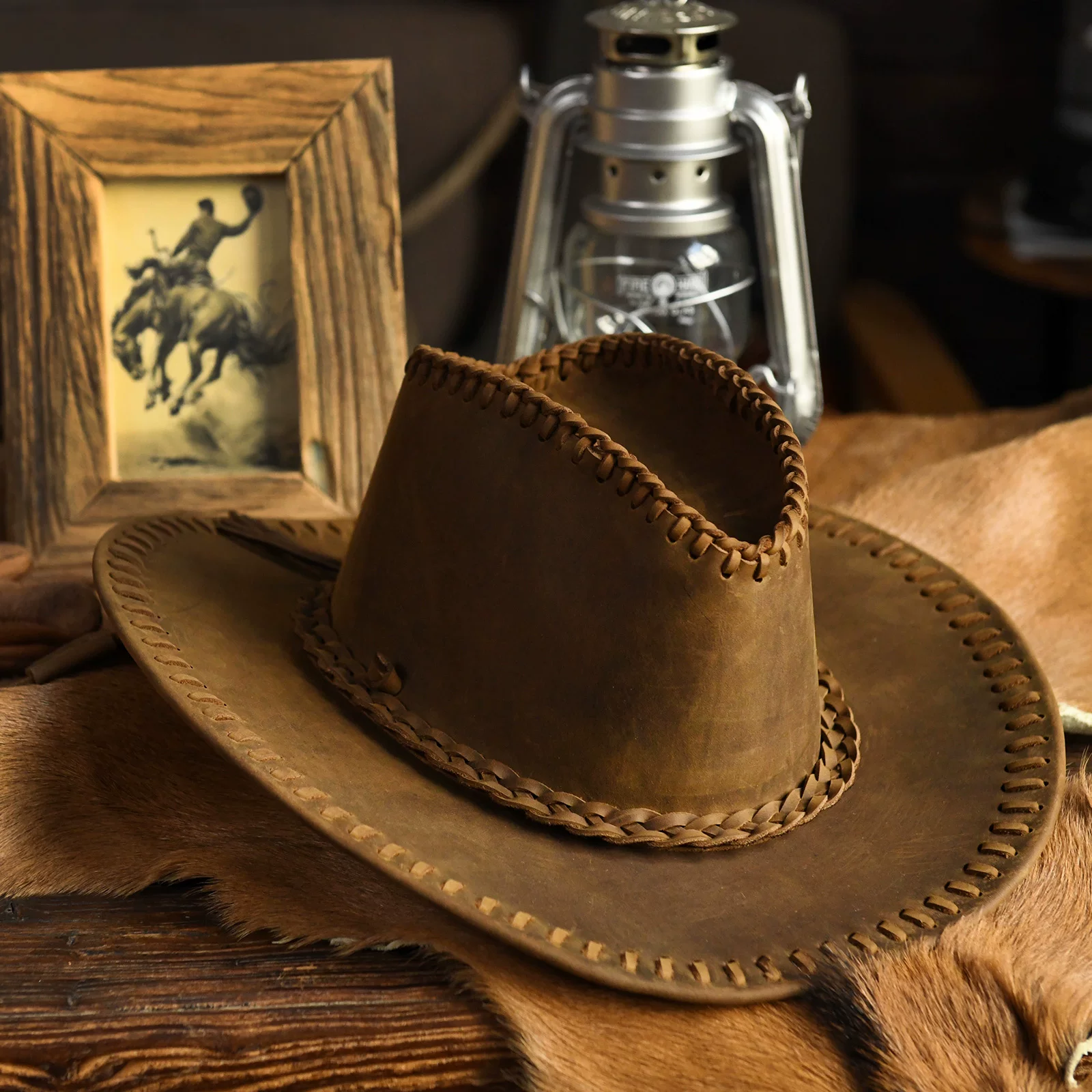 Handmade pure cowhide western cowboy hat, men's genuine leather visor knight hat, dark brown large brim cowboy hat