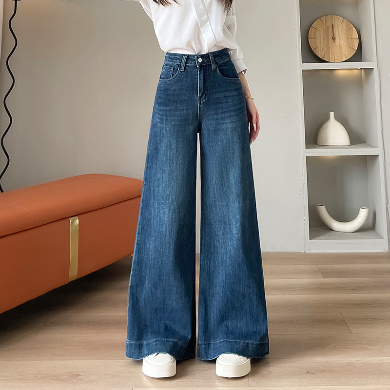 American Retro Blue Wide-Leg Jeans for Women, Petite Size, Flared, Spring and Autumn 2026 New Style, High-Waisted, Loose Fit