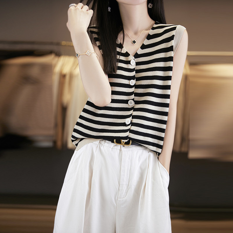 Summer New Style V-Neck Striped Vest Cardigan for Women, Loose Casual Thin Sleeveless Silk Cotton Vest Top, Plus Size