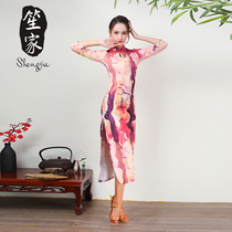 Cheongsam dance practice suit Summer modified long dress split stretch Classical temperament Latin dance dedicated