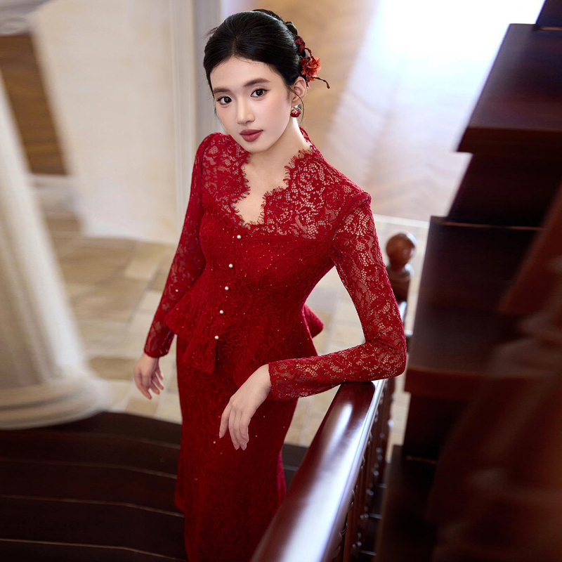 High-End Red Toast Dress 2026 New Fishtail Morning Gown Women's Long-Sleeved Lace Two-Piece Set Engagement Homecoming Evening Dress