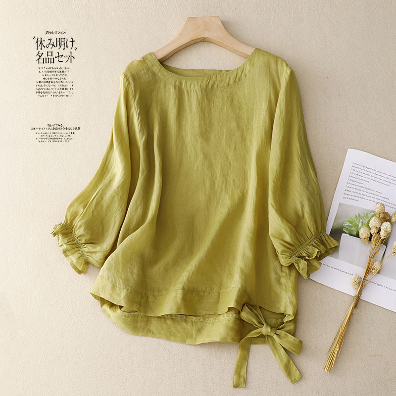Solid Color Simple Cotton and Linen Three-Quarter Sleeve Sun Protection Shirt for Women 2026 Summer Pullover Bow Tie Linen Top Thin