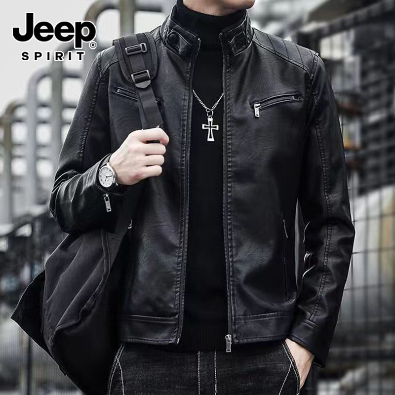Куртка со стоячим воротником JEEP, мужская весенне-осенняя трендовая красивая мотоциклетная кожаная куртка, осень-зима, плюс бархатная куртка из искусственной кожи