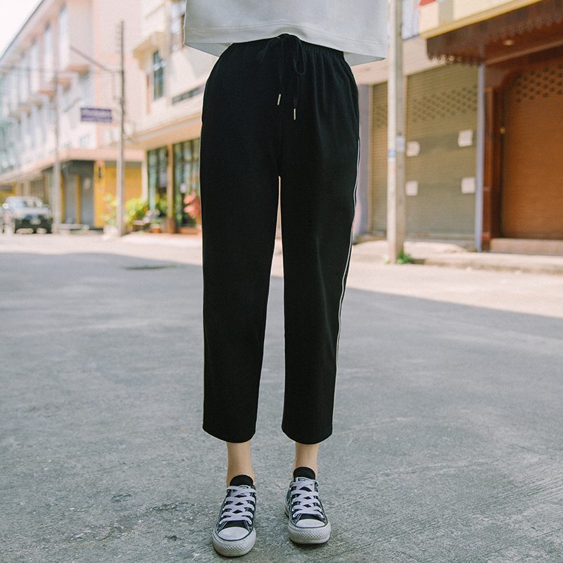 青蔷薇 夏装bf风高腰裤子女学生黑色韩版街拍