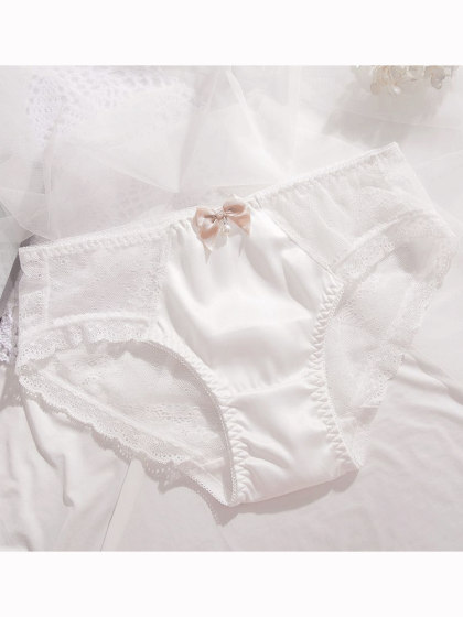 高弹日系性感蝴蝶结内裤女士色丁缎面蕾丝花边透气棉裤中腰三角裤