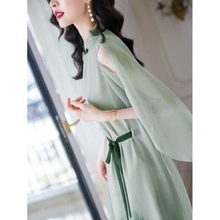 简百图 改良旗袍绿花连衣裙女