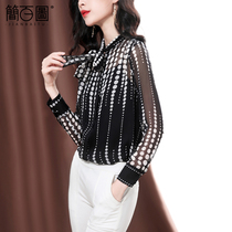 Silk shirt womens 2021 new spring and summer temperament thin black wave dot printing mulberry silk bow top