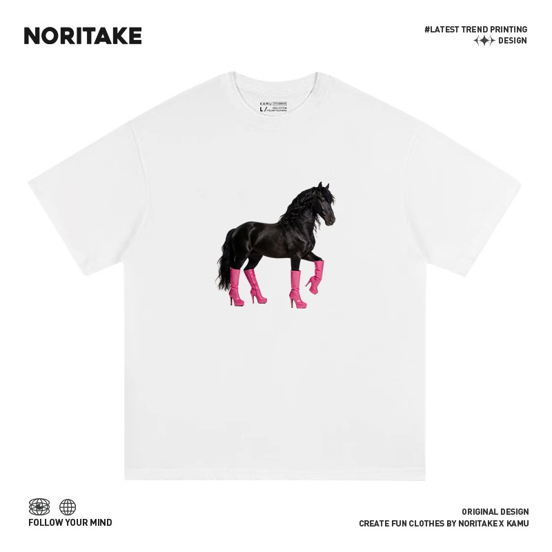 Noritak Pink Boots Black Horse Quirky Horse Fun Sports Creative Versatile Unisex Commuting Loose Pure Cotton Short-Sleeve T-Shirt