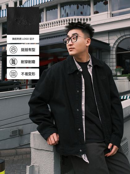 SANBAI 叁佰黑色logo刺绣牛仔外套男士春秋复古水洗夹克