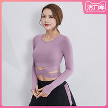 Yoga suit top womens long-sleeved thin running quick-drying training sports t-shirt sexy umbilical fitness clothes womens autumn and winter
