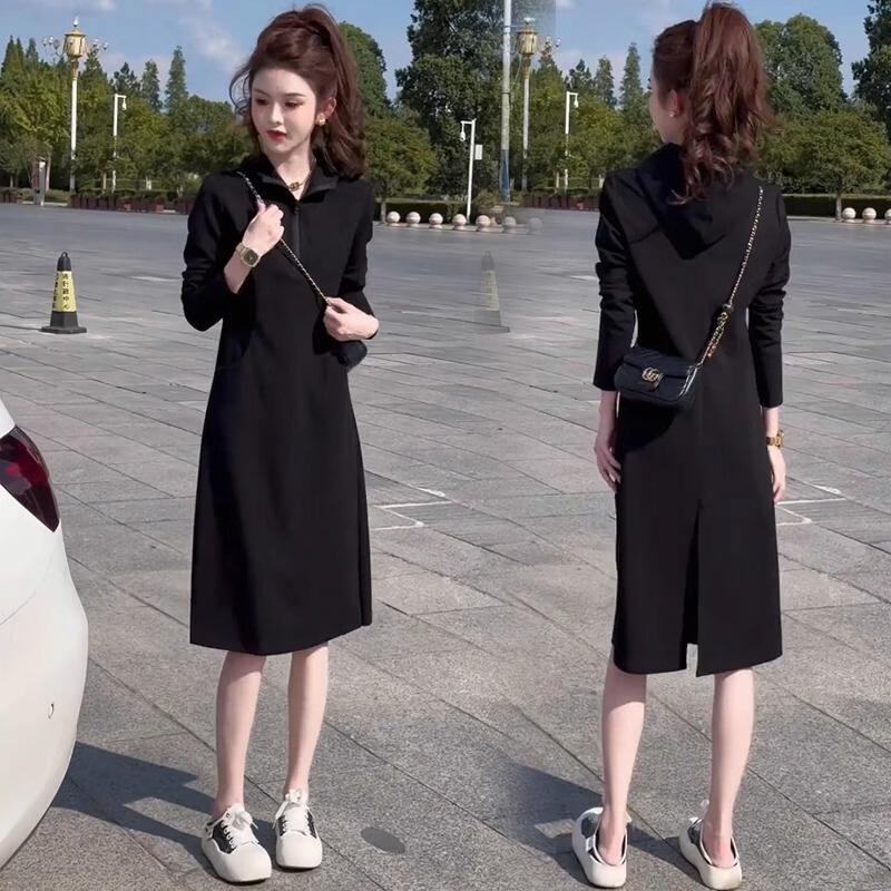 European-Style High-End Hooded Sweatshirt Dress for Women, Mid-Length, 2026 Spring and Autumn, Stylish, Age-Reducing, Slimming, Slit Dress European-Style High-End Hooded Sweatshirt Dress for Women, Mid-Length, 2026 Spring and Autumn, Stylish, Age-Reducing, Slimming, Slit Dress